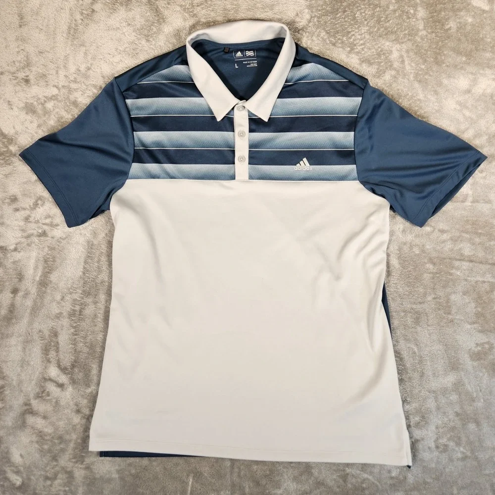 Adidas Golf Polo Mens Large Blue White Excellent Striped Performance AE4107